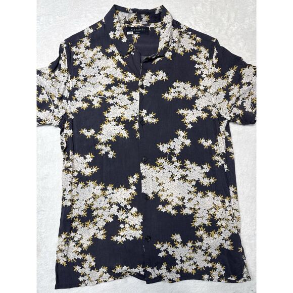 All Saints Other - AllSaints Coal Black Ivory Bloom Floral Shirt Honey Leaf Resort Style Mens SZ S